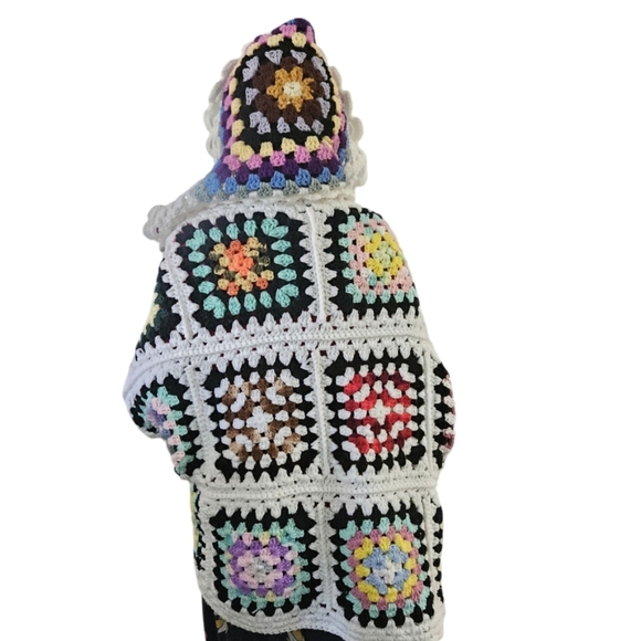 Hand Crafted Crochet Granny Square Cardigan open front Hooded Colorfull Sweater - Picture 10 of 17